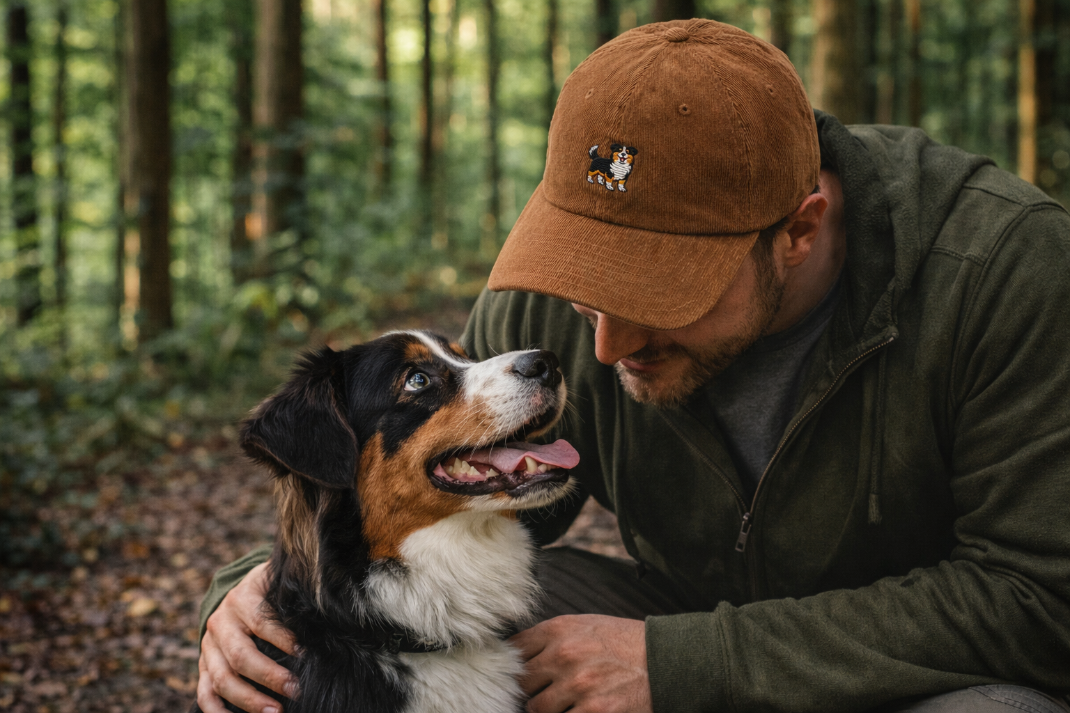 un homme et son chien ayant un moment complice en forêt